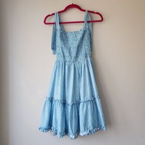 Ditsy Print Smocked Dress | Medium | Light Blue Ruffle Tie Straps Tiered Skirt